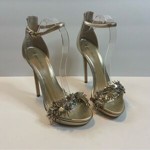 Monique Lhuillier Gold Beaded High Heels Metallic Bridal Stilettos Sandals